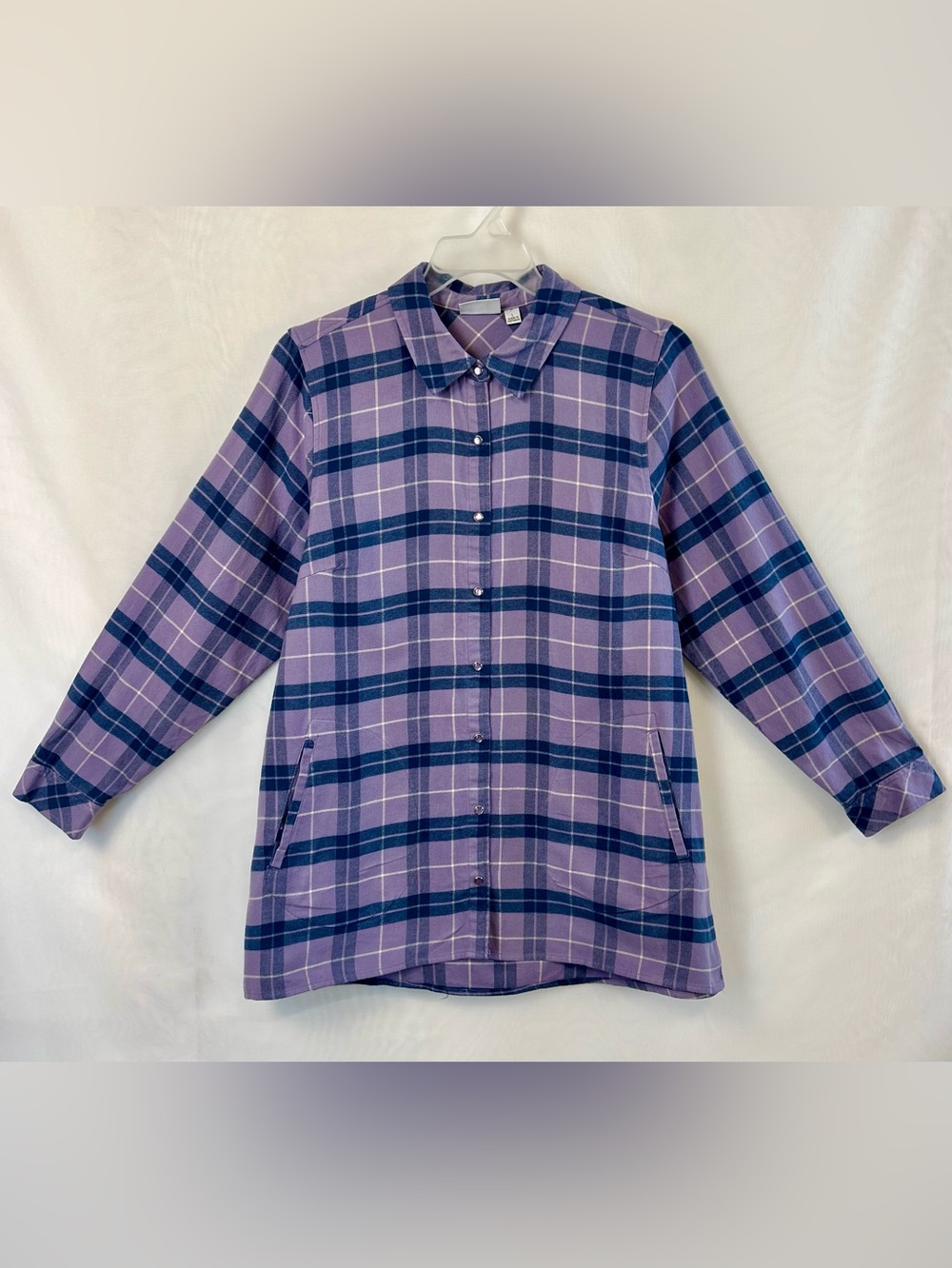New Joan Rivers Plaid Snap Front Flannel Pocket Tunic / Purple / Large